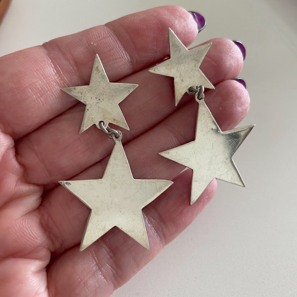 Vintage Sterling Silver Double Star Dangle Earrings